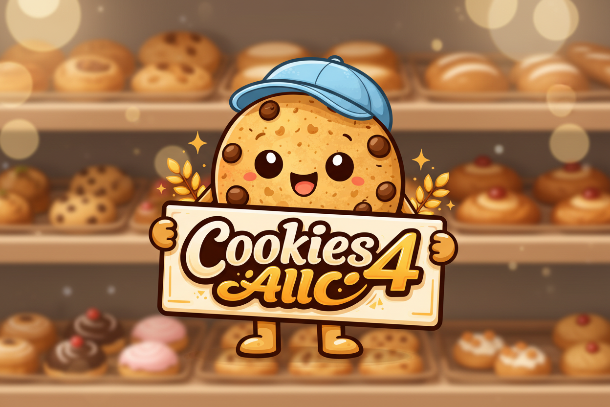 Cartoon cookie character holding a sign with 'Cookies All 4' text on a white background