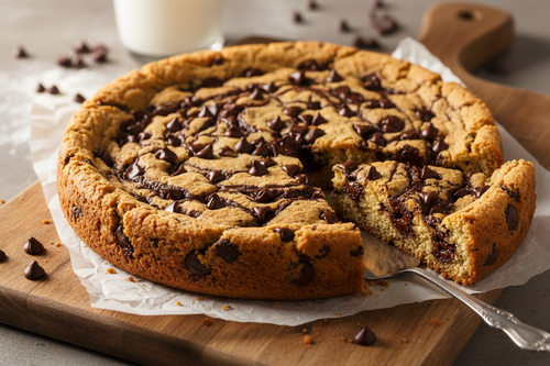Tasty cookie cake with chocolate chips 